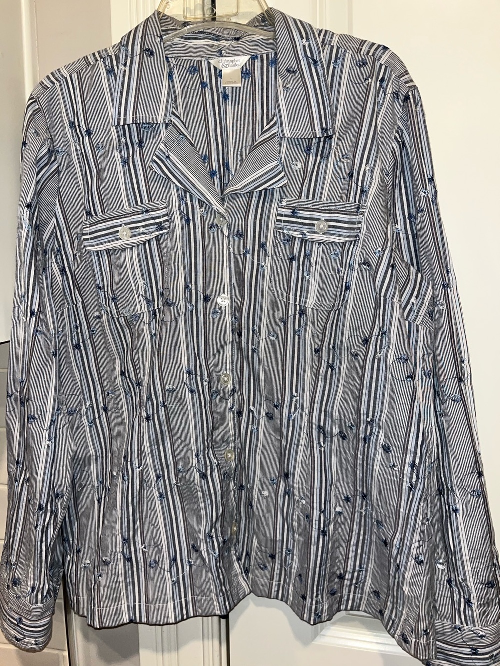 Christopher Bank Striped Embroidered Button Down Shirt with Chest pockets Size L